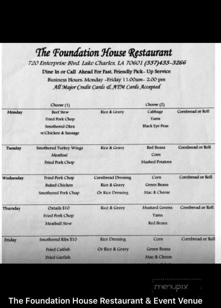 The Foundation House Restaurant & Event Venue - Lake Charles, LA menu_pic