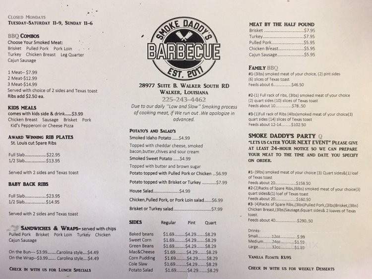Smoke Daddy's BBQ - Walker, LA menu_pic