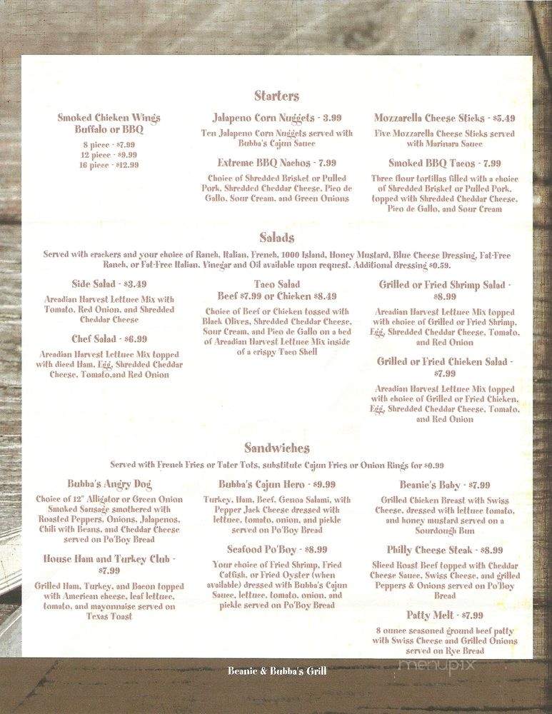 Beanie & Bubba's Grill - Minden, LA menu_pic