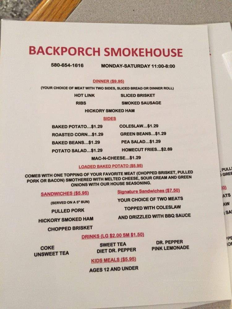 Back Porch Smokehouse - Carnegie, OK menu_pic