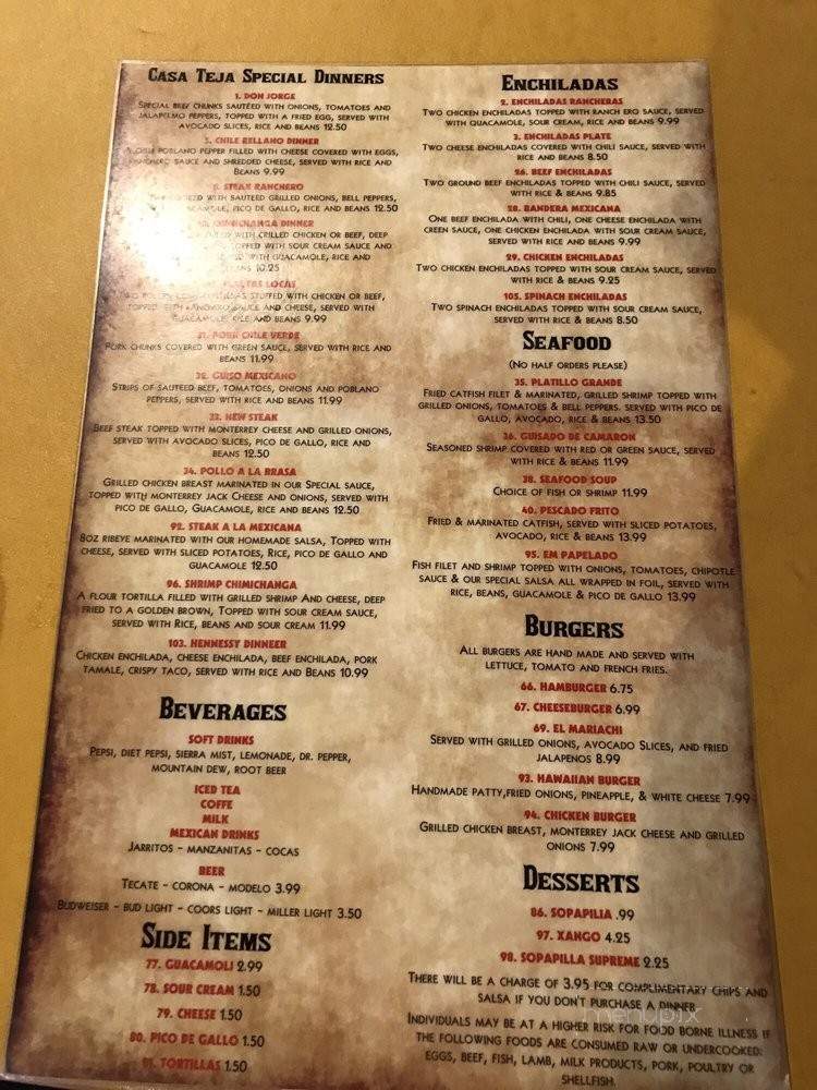 Casa Teja - Hennessey, OK menu_pic