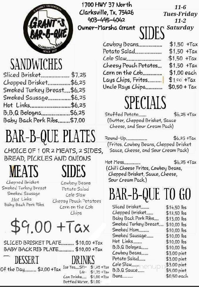 Grant's Bar-B-Que - Clarksville, TX menu_pic