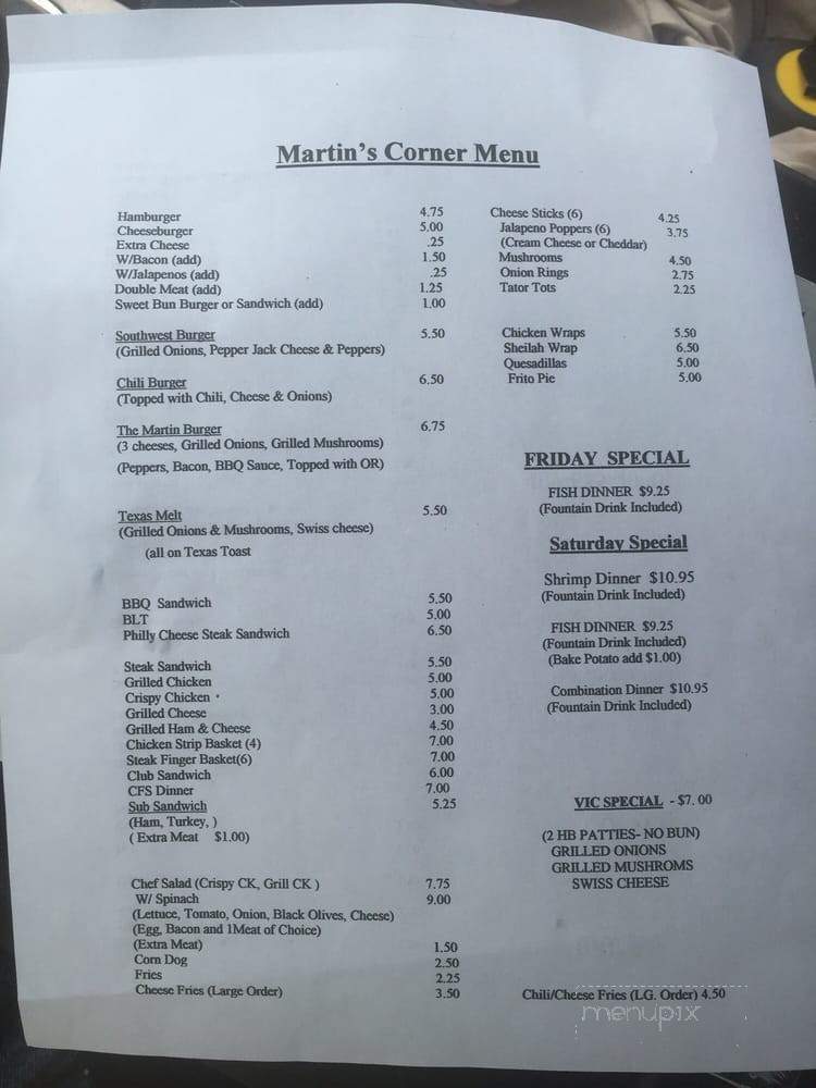 Martins corner Grill - Milam, TX menu_pic