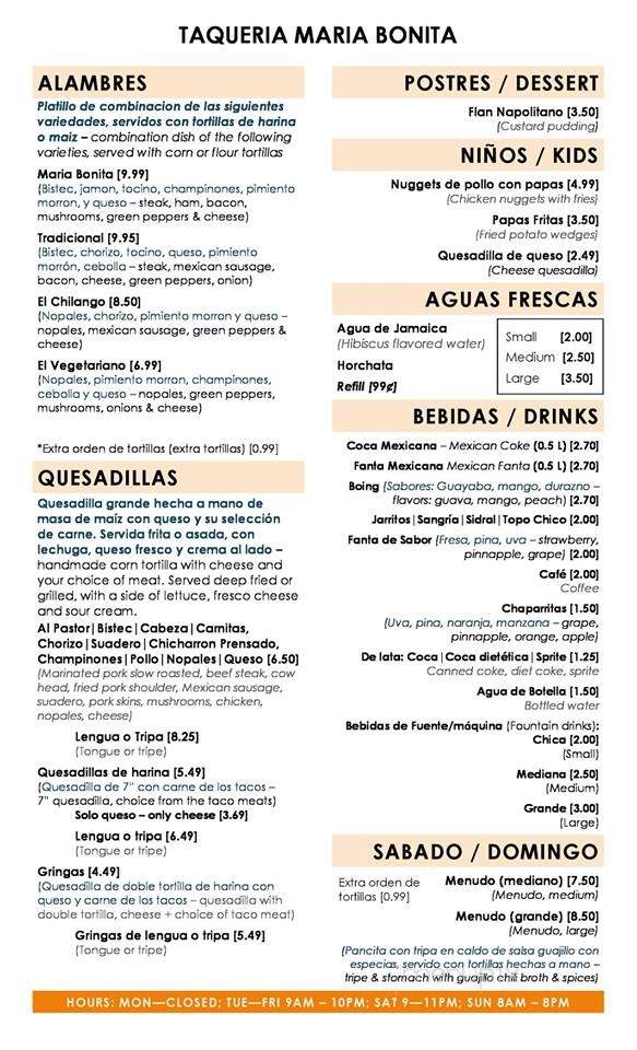 Taqueria Maria Bonita - Arlington, TX menu_pic