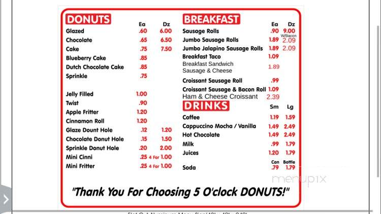 5 O'clock Donuts - Arlington, TX menu_pic