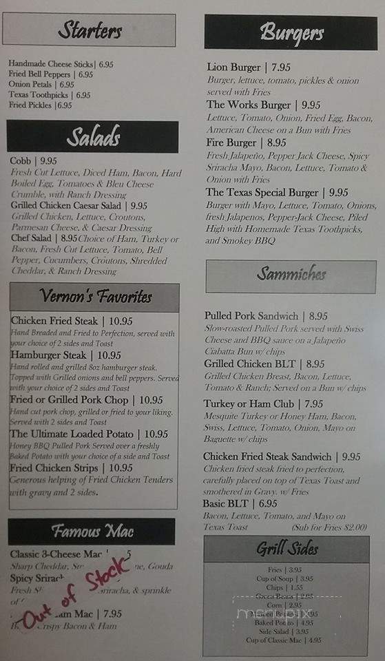 The Main Street Grill - Vernon, TX menu_pic