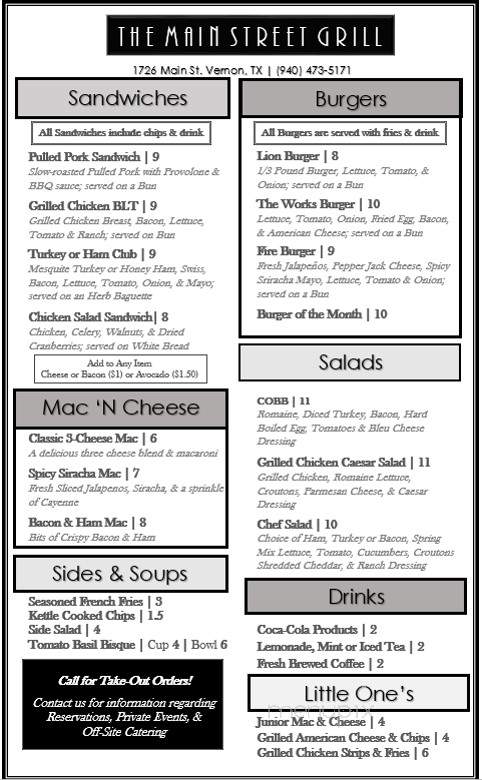 The Main Street Grill - Vernon, TX menu_pic