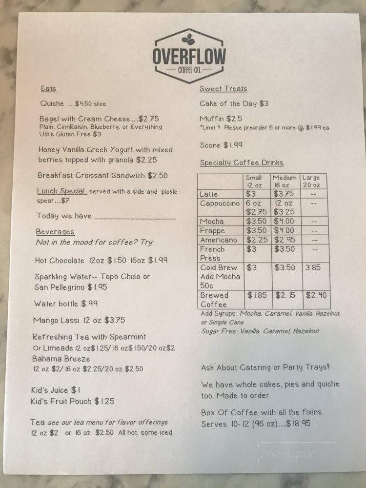 Overflow Coffee - Hillsboro, TX menu_pic