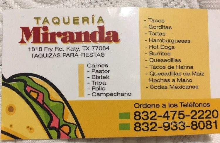 Taqueria Miranda - Houston, TX menu_pic