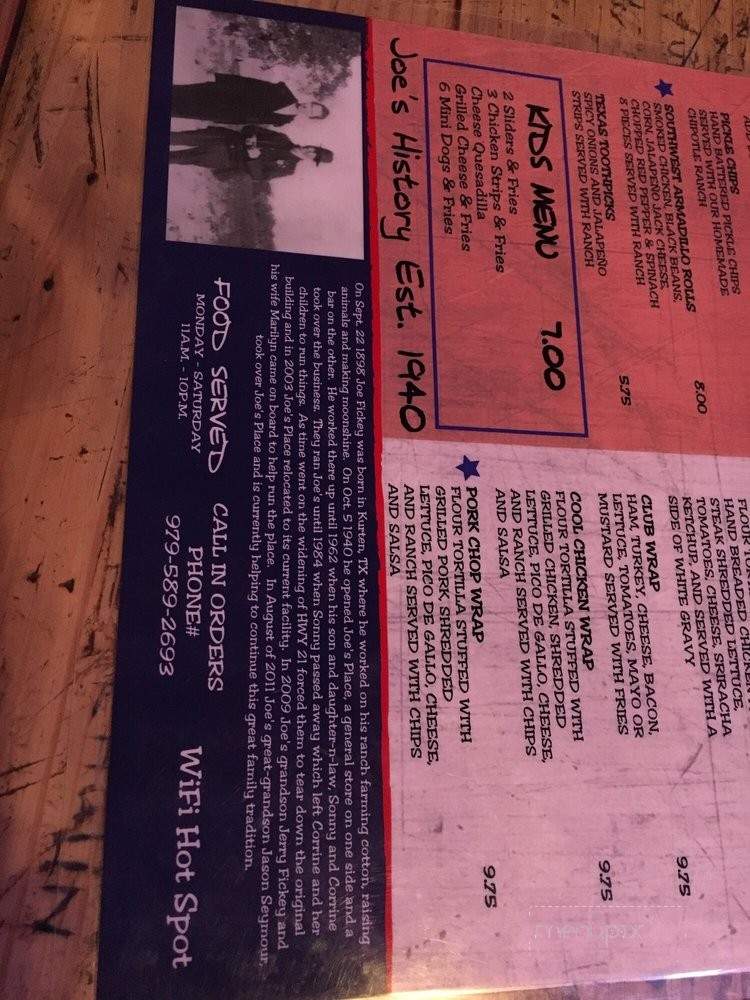 Joe's Place - Bryan, TX menu_pic