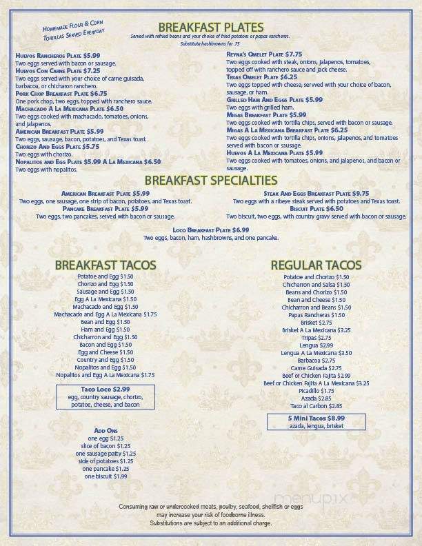 Online Menu of Reyna's Mexican Restaurant, Seguin, TX