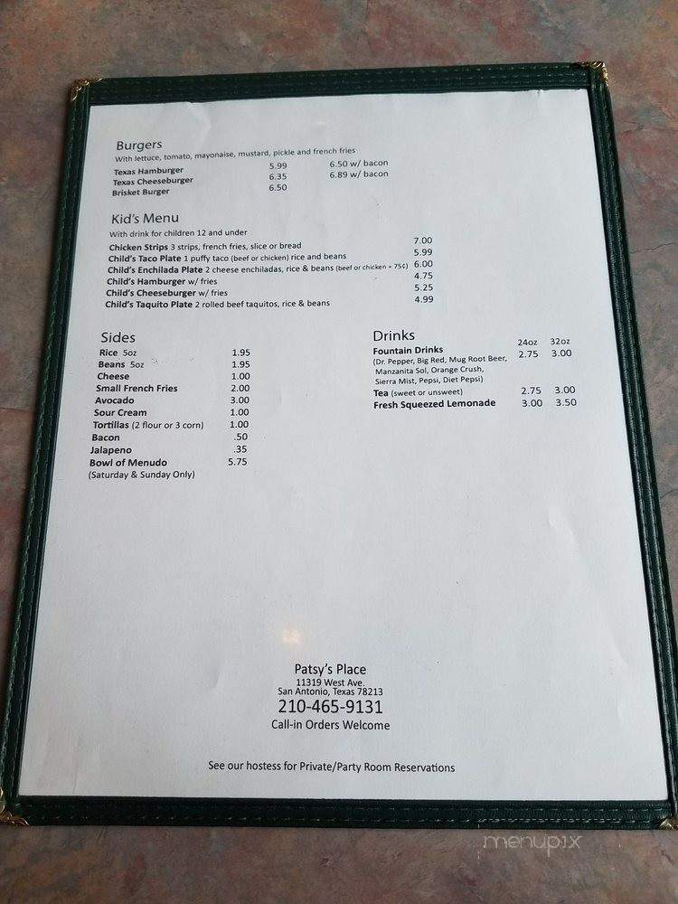 Patsy's Place - San Antonio, TX menu_pic