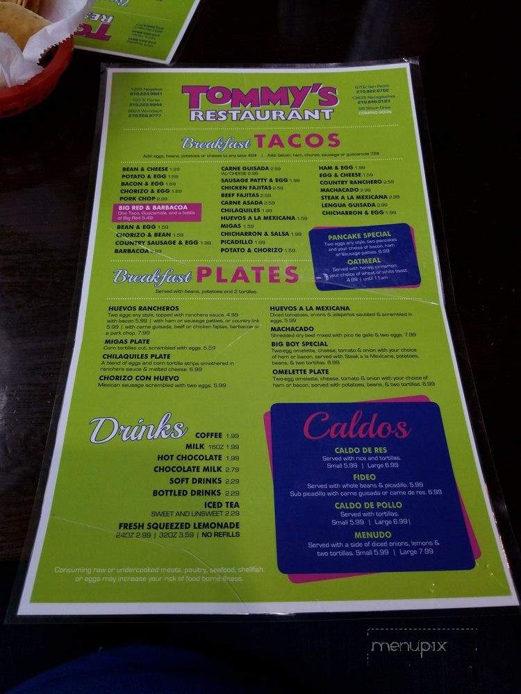 Tommy's Restaurant - San Antonio, TX menu_pic