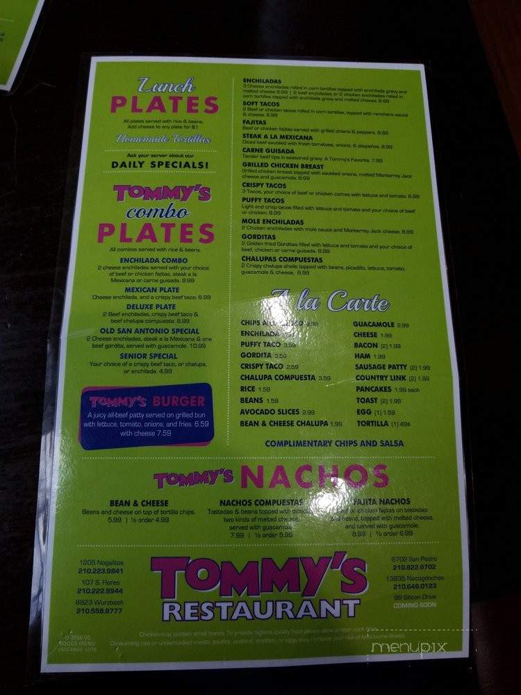 Tommy's Restaurant - San Antonio, TX menu_pic