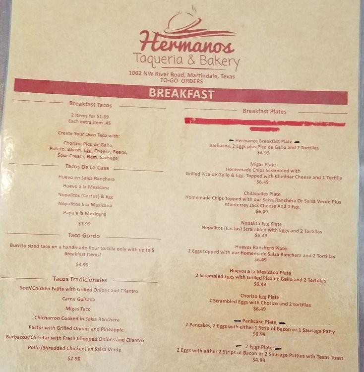 Hermanos Taqueria & Bakery - Martindale, TX menu_pic