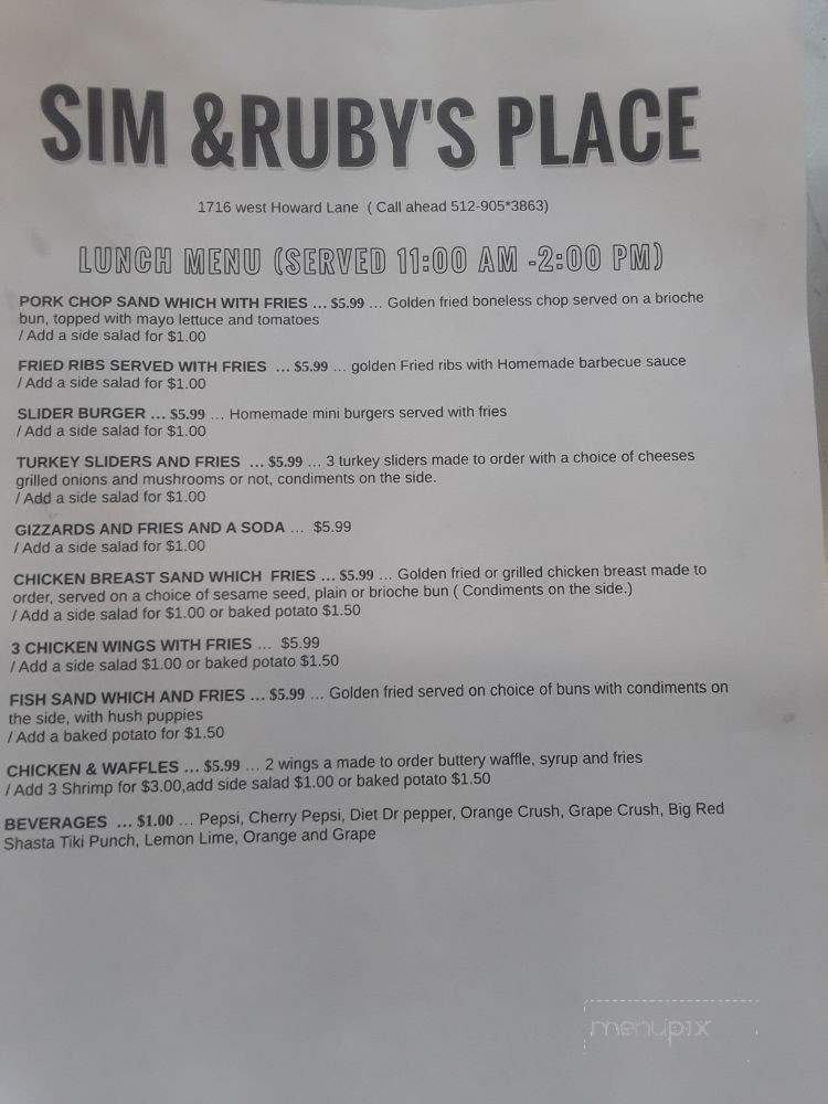 Sim & Ruby's Place - Austin, TX menu_pic