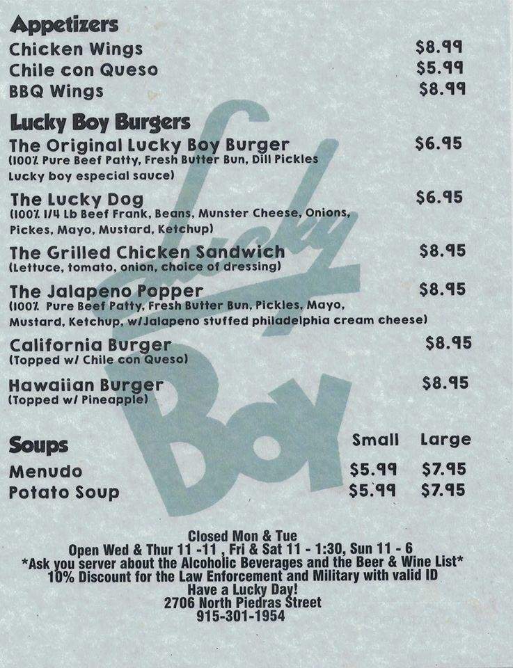 Lucky Boy Bar and Grill - El Paso, TX menu_pic