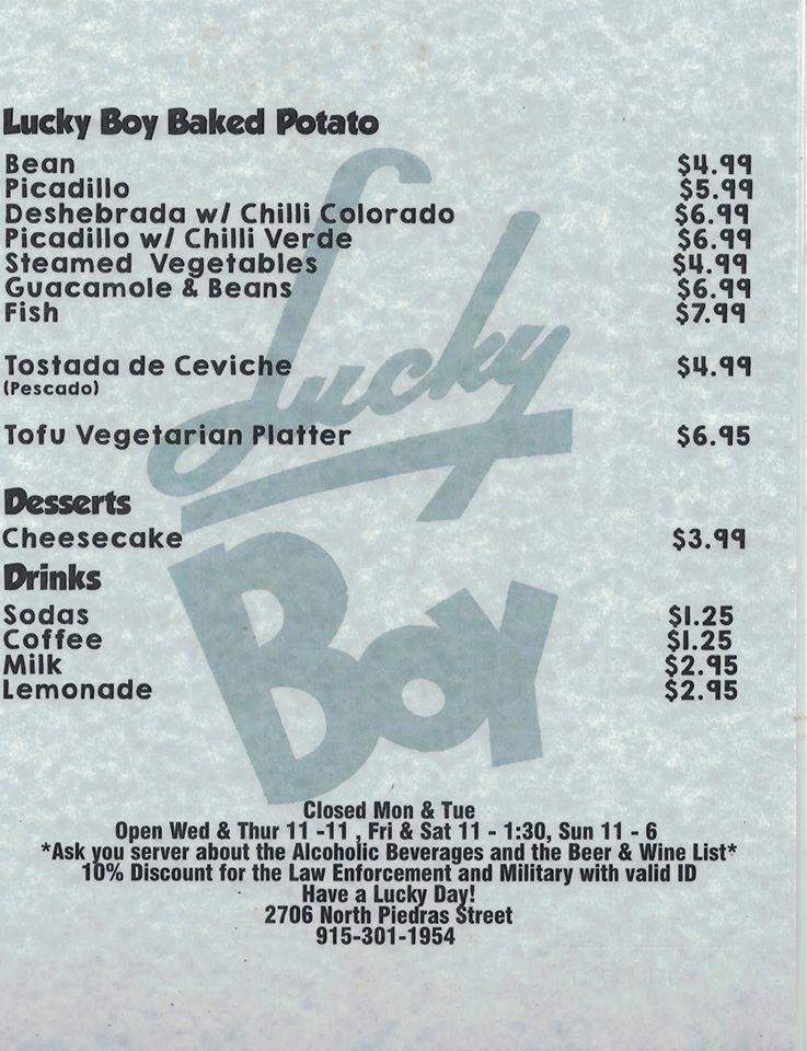 Lucky Boy Bar and Grill - El Paso, TX menu_pic