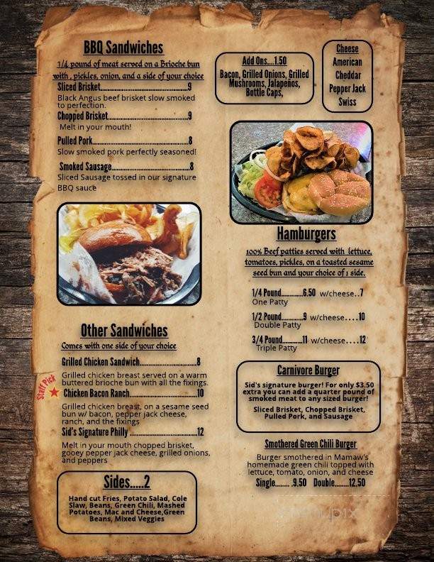 Sid's High Country Barbeque and Grill - La Veta, CO menu_pic