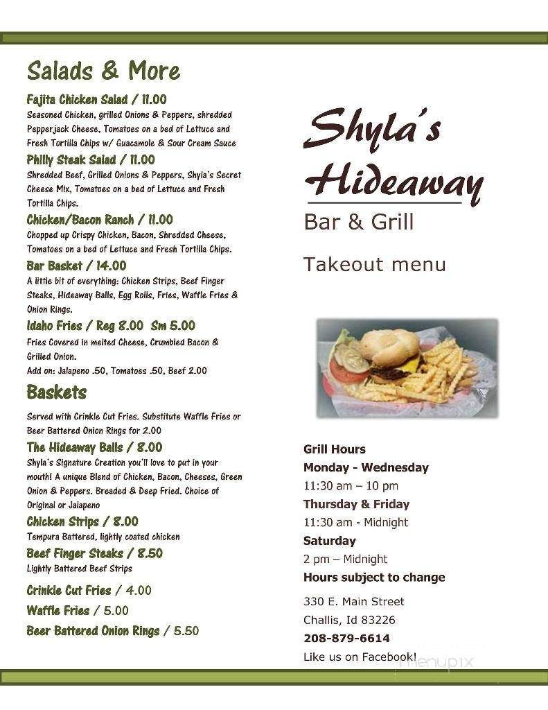 Shyla's Hideaway, Bar & Grill - Challis, ID menu_pic
