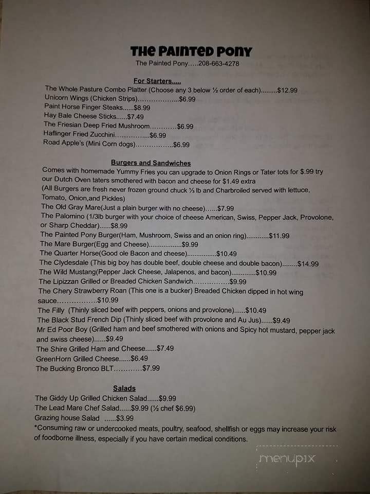 The Painted Pony Bar and Grill - Mud Lake, ID menu_pic