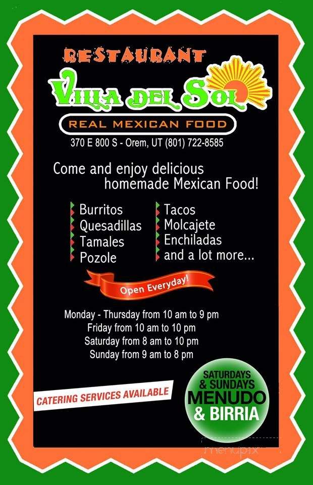 Villa Del Sol - Orem, UT menu_pic