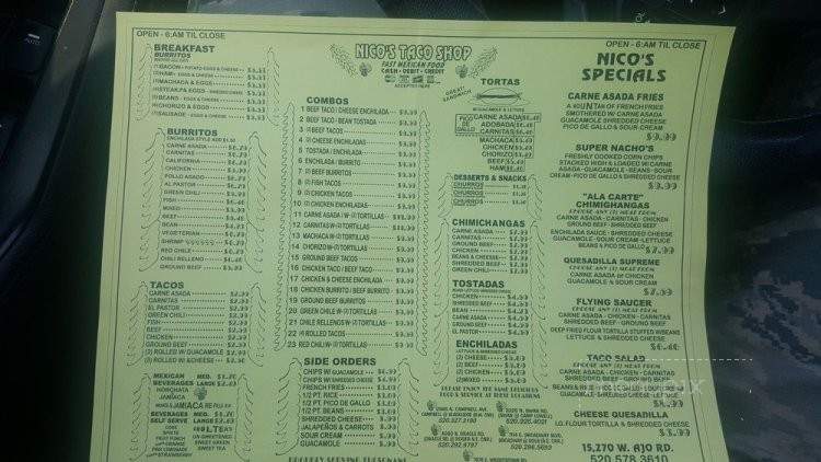 Nico's Taco Shop - Tucson, AZ menu_pic