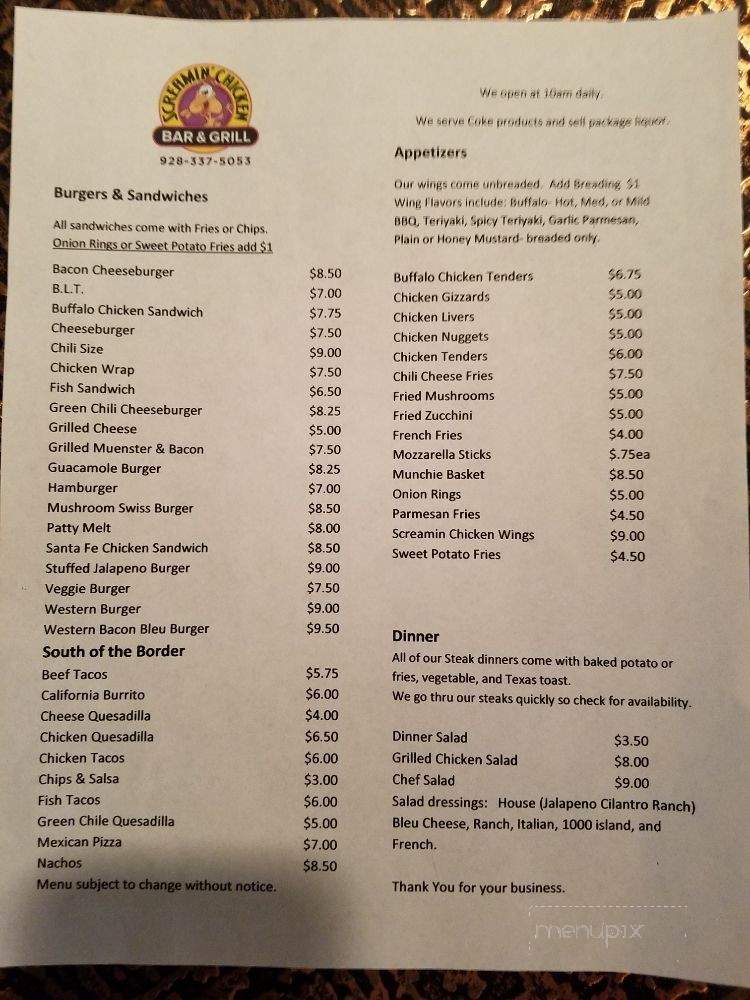 Screamin Chicken Bar & Grill - Concho, AZ menu_pic
