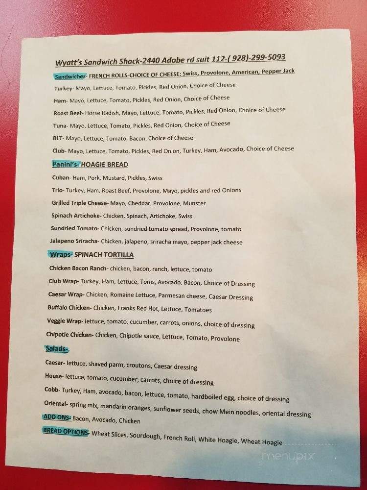 Wyatt's Sandwich Shack - Bullhead City, AZ menu_pic