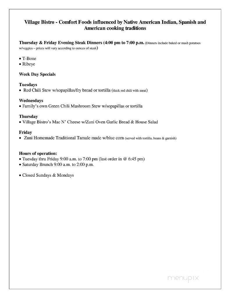 Village Bistro - Zuni Pueblo, NM menu_pic