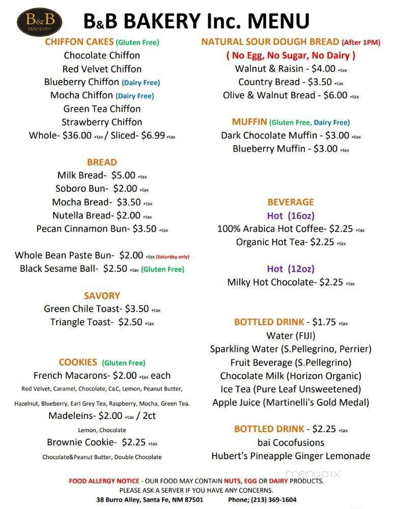 B&B Bakery - Santa Fe, NM menu_pic