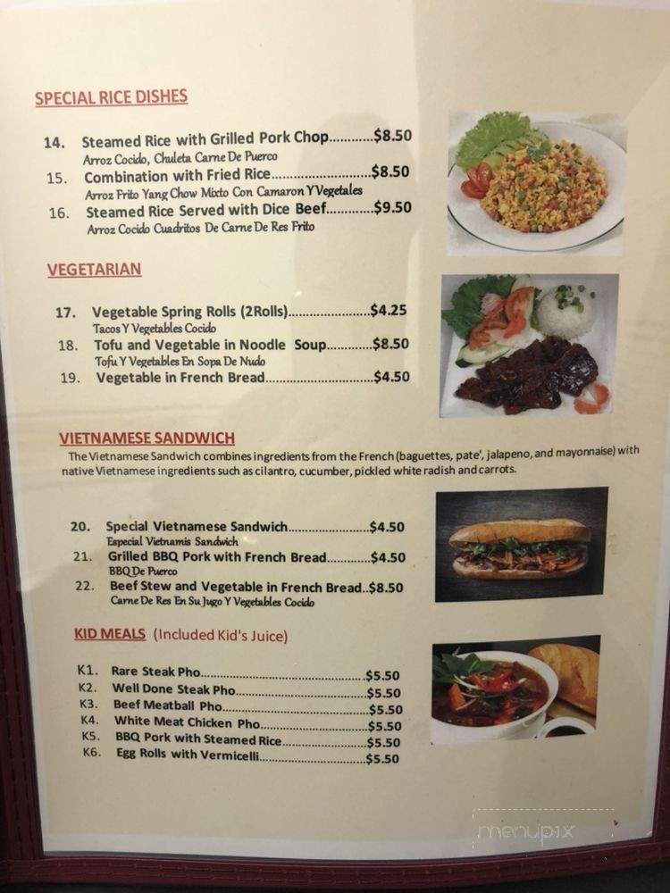 Menu of Sunflower Vietnamese Restaurant in North Las Vegas, NV 89032