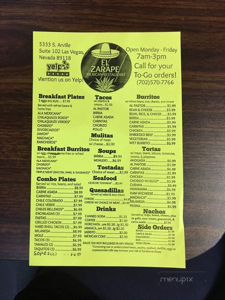 El Zarape Mexican Restaurant - Las Vegas, NV menu_pic