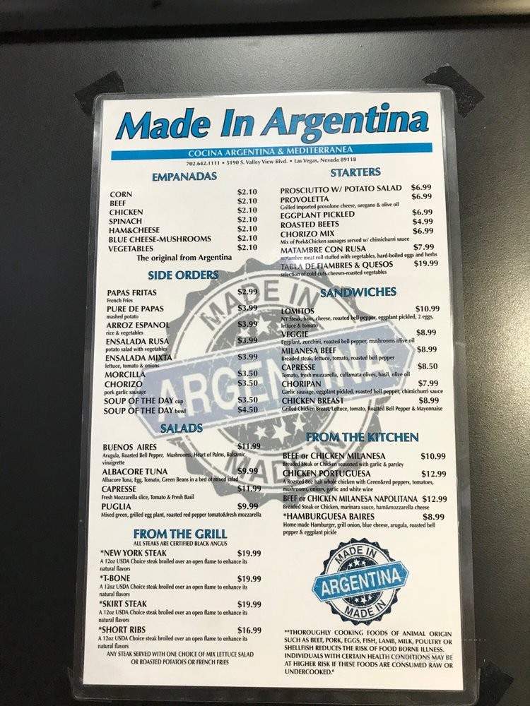 Made in Argentina - Las Vegas, NV menu_pic