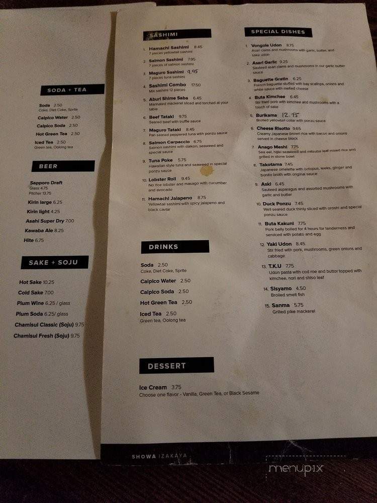Showa Izakaya - Los Angeles, CA menu_pic