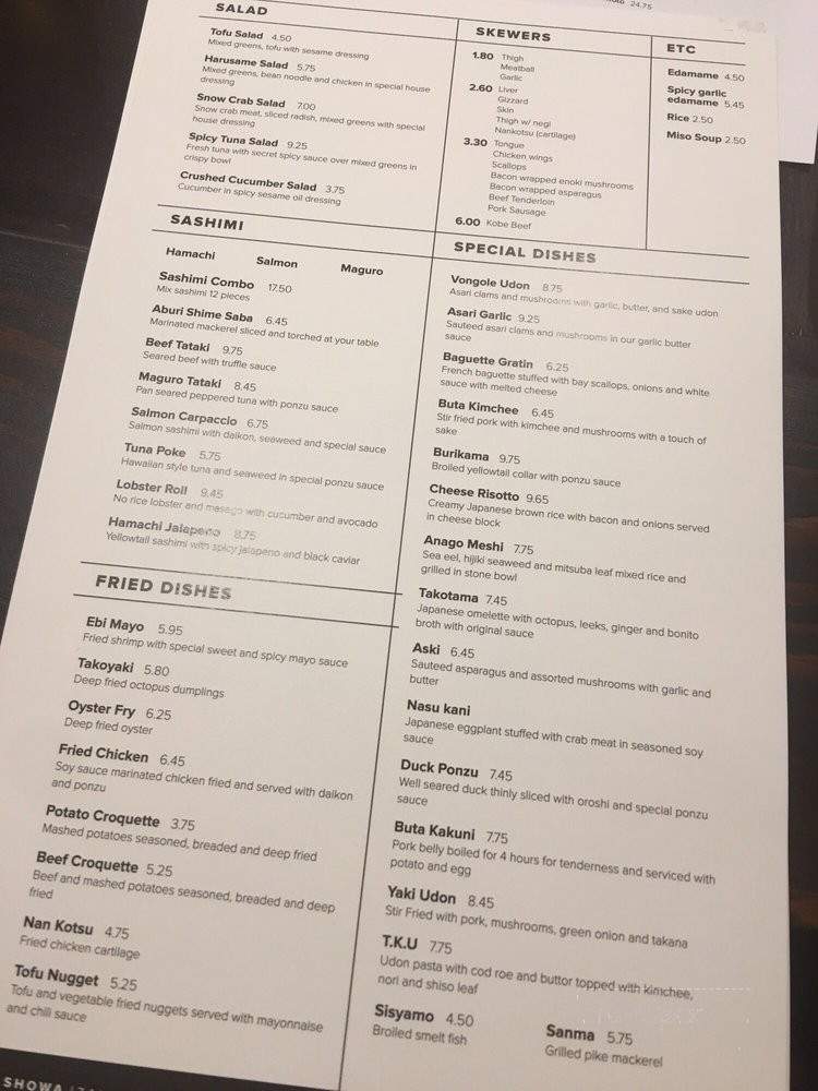 Showa Izakaya - Los Angeles, CA menu_pic