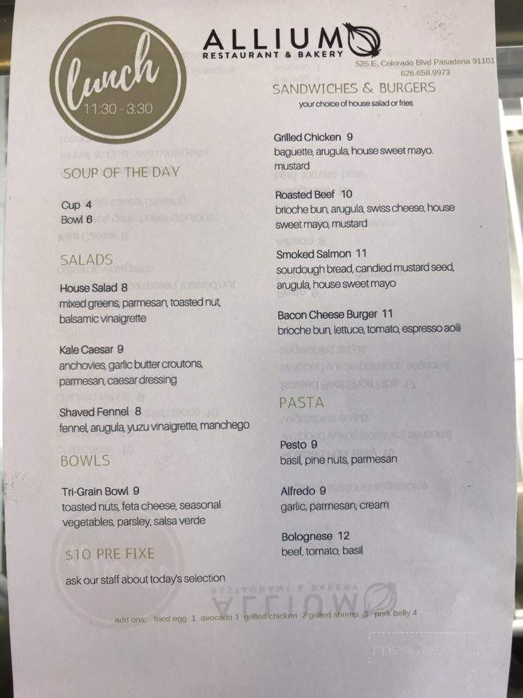 Allium Restaurant and Bakery - Pasadena, CA menu_pic