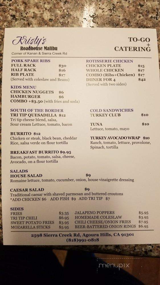 Kristy's Roadhouse Malibu - Agoura Hills, CA menu_pic