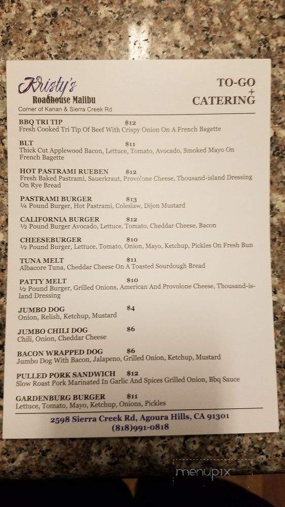 Kristy's Roadhouse Malibu - Agoura Hills, CA menu_pic