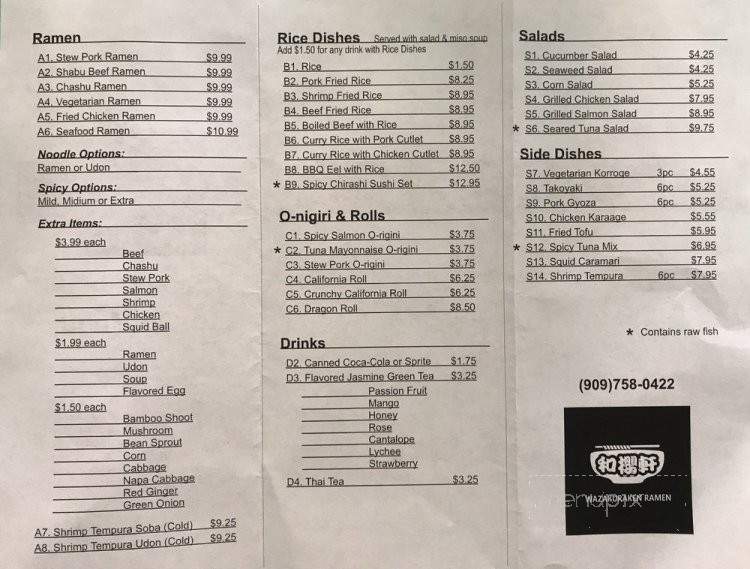 Wazakuraken Ramen - Rancho Cucamonga, CA menu_pic