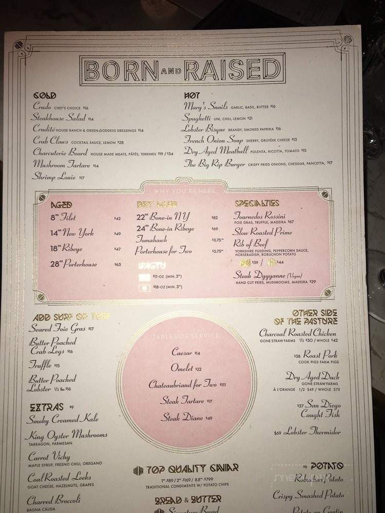 Menu of Born & Raised in San Diego, CA 92101