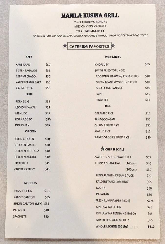 Manila Kusina - Mission Viejo, CA menu_pic