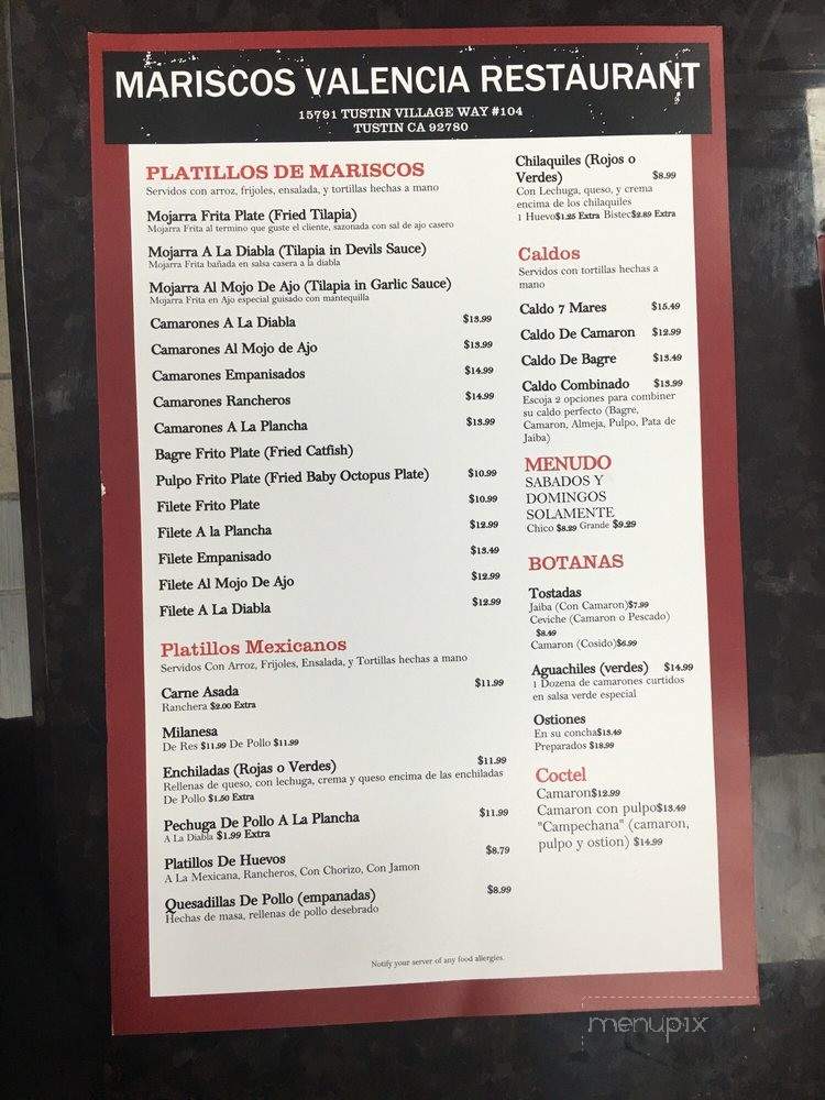 Mariscos Valencia Mexican Restaurant - Tustin, CA menu_pic