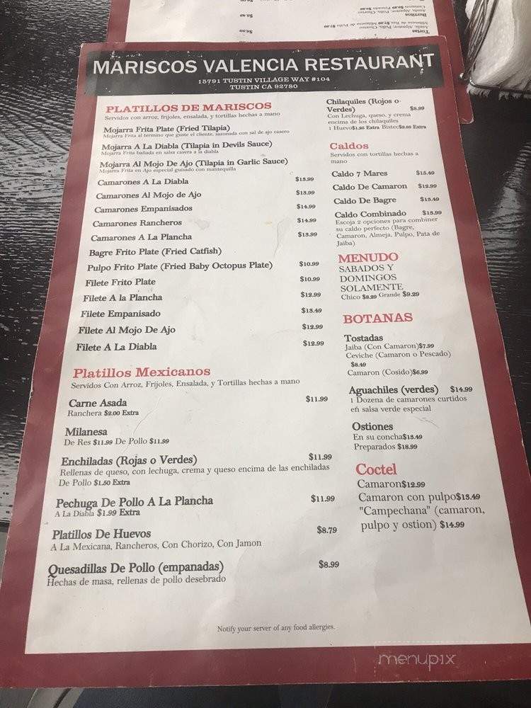 Mariscos Valencia Mexican Restaurant - Tustin, CA menu_pic