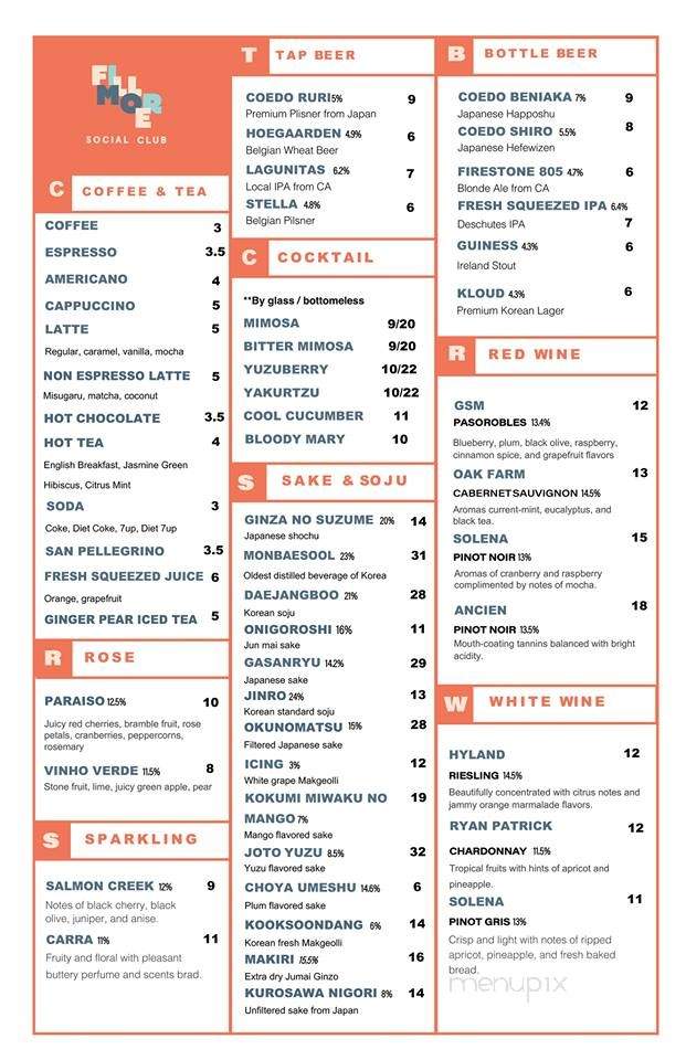 Fillmore Social Club - San Francisco, CA menu_pic