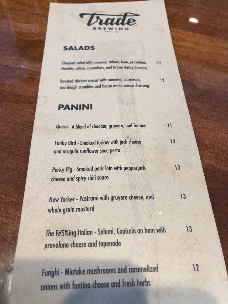 Trade Brewing - Napa, CA menu_pic
