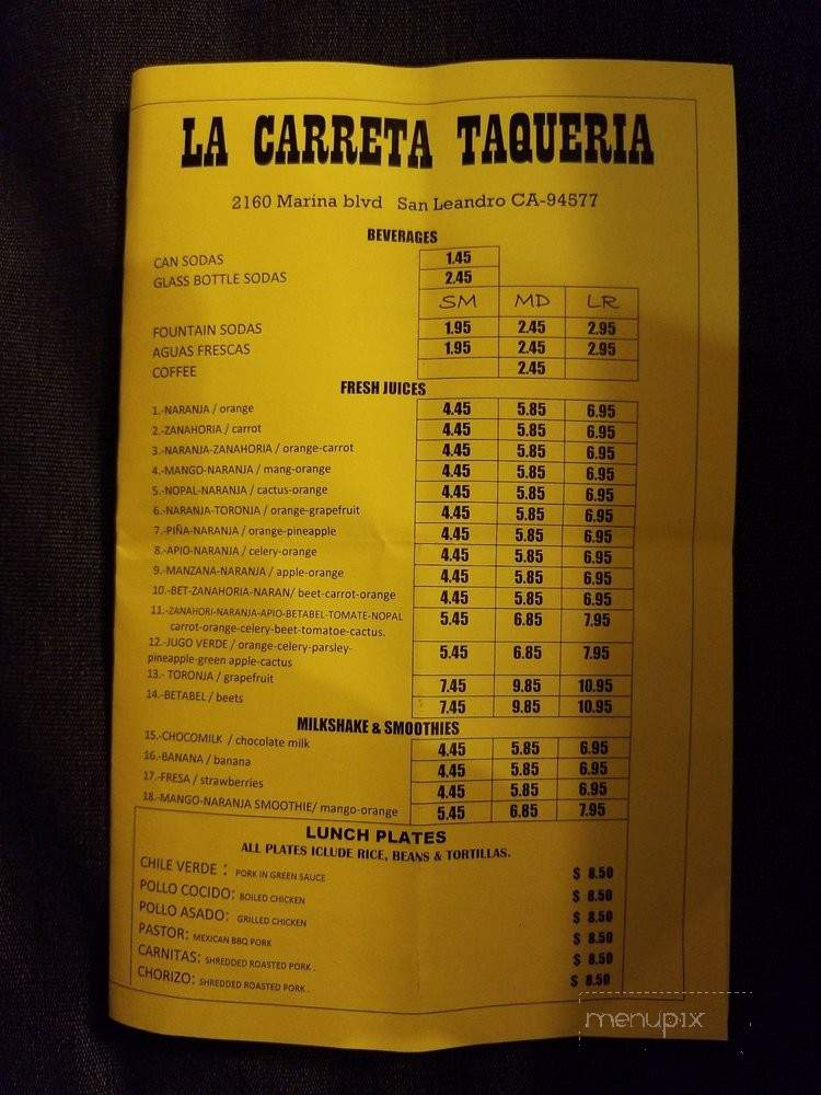 La Carreta Taqueria - San Leandro, CA menu_pic
