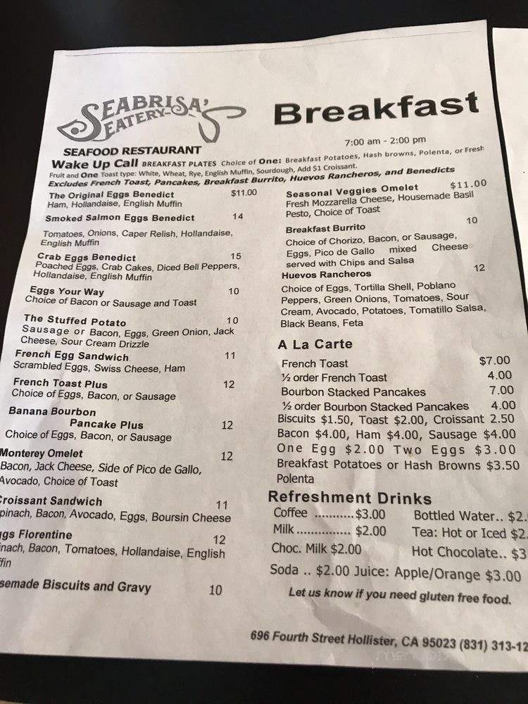 Seabrisa's Eatery - Hollister, CA menu_pic