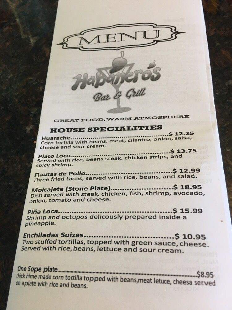 Habanero's Bar And Grill - Scotts Valley, CA menu_pic