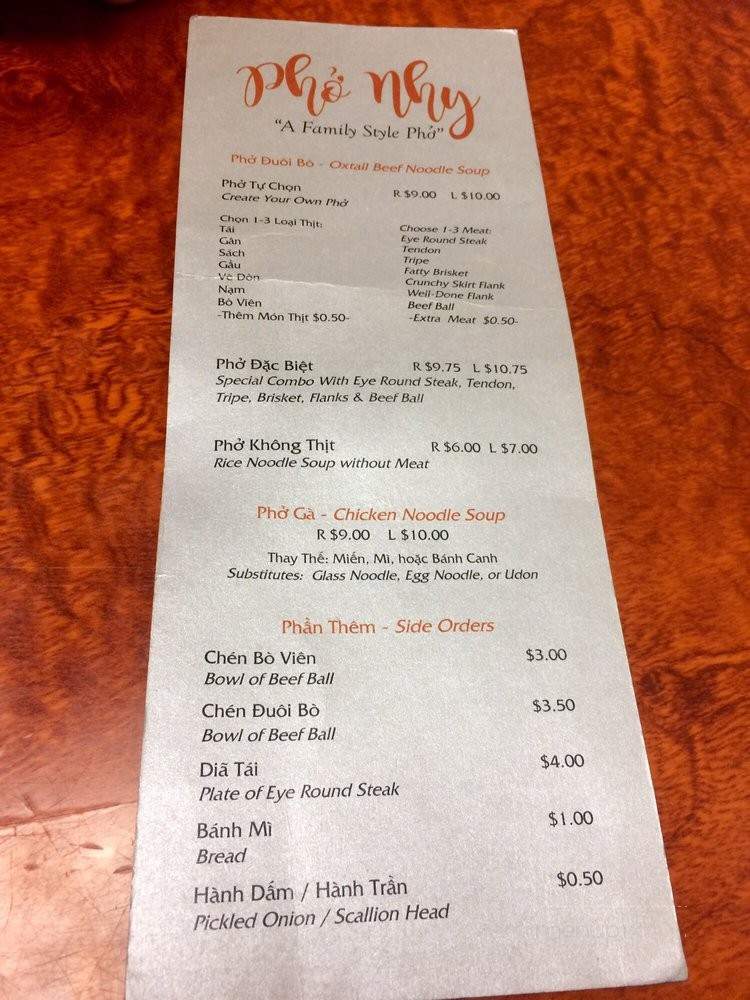 Pho Nhy - San Jose, CA menu_pic